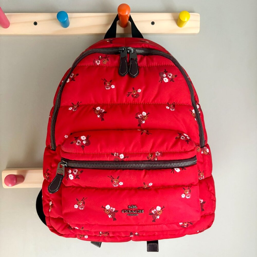 Coach Quilted Puffer Charlie Backpack in Red "Baby Bouquet" Floral Print F30667